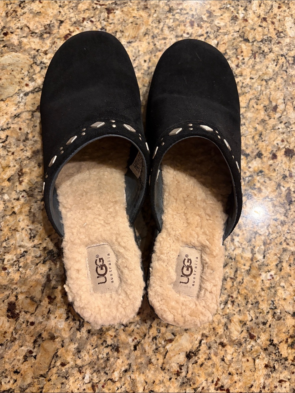 UGG Black Suede Shearling Mule Clogs
